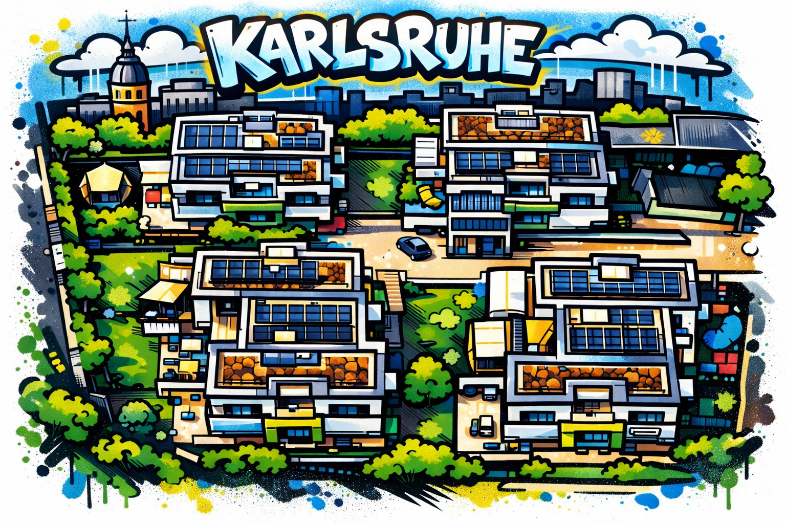 Graffiti-Illustration: Unsere Häusergruppe von oben